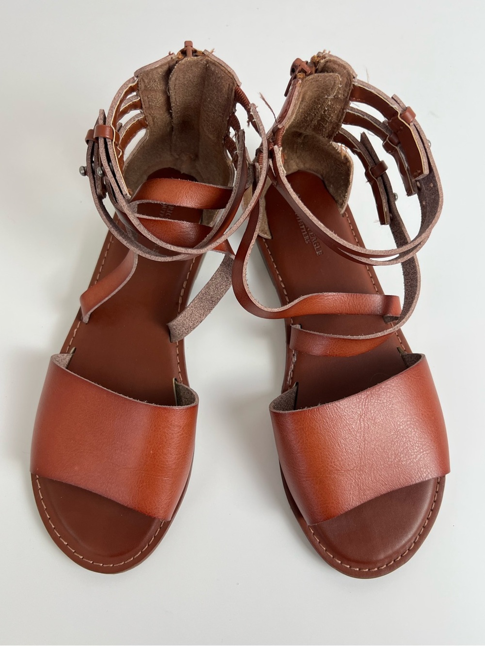 American Eagle Brown Gladiator Sandals Boho Festival Strappy Ankle Zip Flats 8